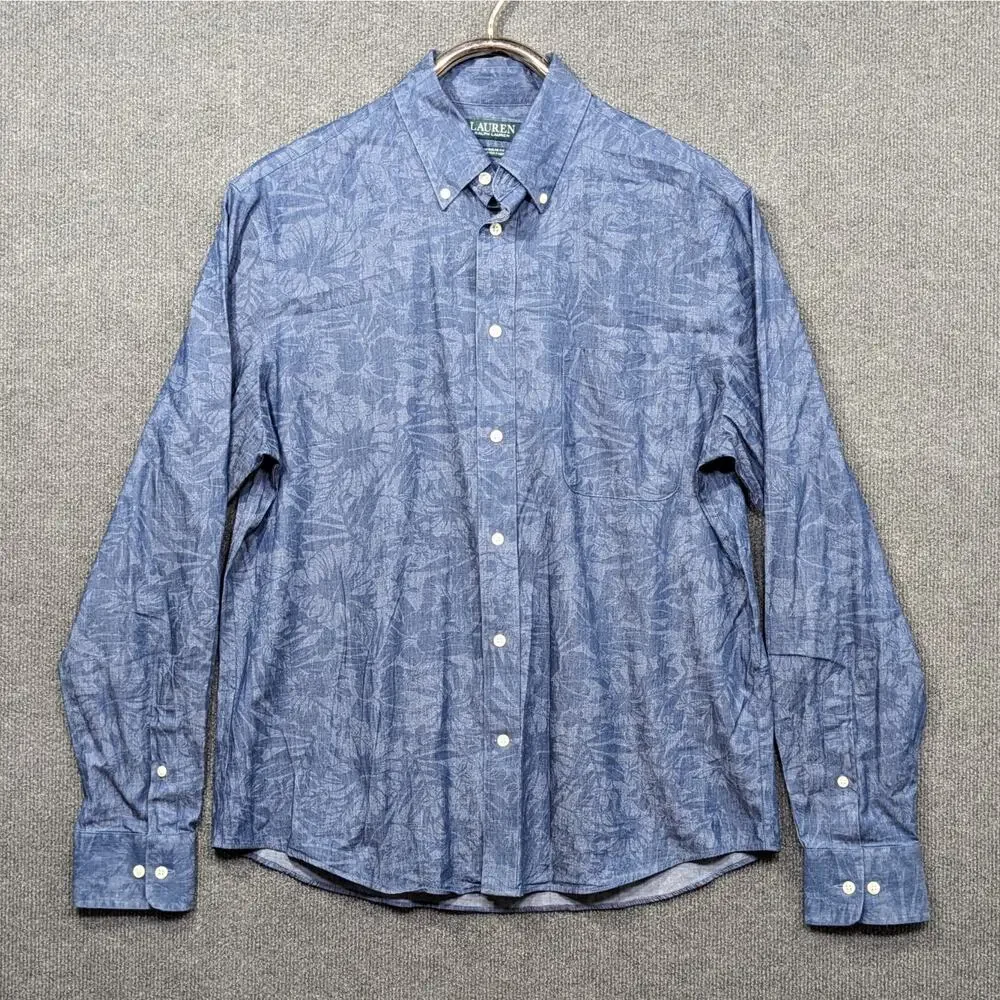 LRL Ralph Lauren Chambray Shirt Mens Medium Floral Preppy Academia Lightweight